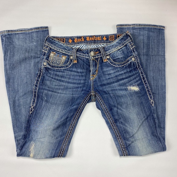 (Sold)Rock Revival Tricia Boot Women Blue Jeans Size 27 - Picture 2 of 6